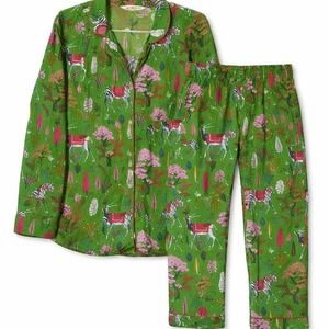 Printfresh Zebra Garden Pajama Set Women L Green Organic Cotton Button Up Lounge